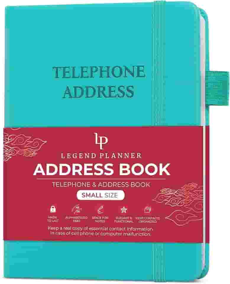 Legend Planner Livro de endereços com abas alfabéticas – Mini livro de contatos telefônicos para números de telefone, endereços, senhas, pequeno (turquesa)