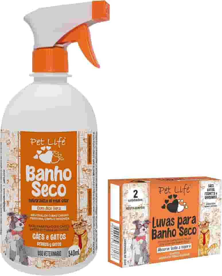 Kit Banho Seco Pet Life Cães e Gatos (Banho Seco 540 mL + Par de Luvas)