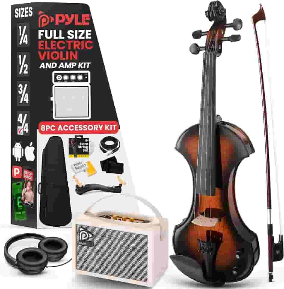 Pyle Violino elétrico silencioso 4/4 com kit de amplificador - violino de madeira maciça com amplificador de 10 W e acessórios completos, instrumento de corda orquestral de tamanho completo para uso