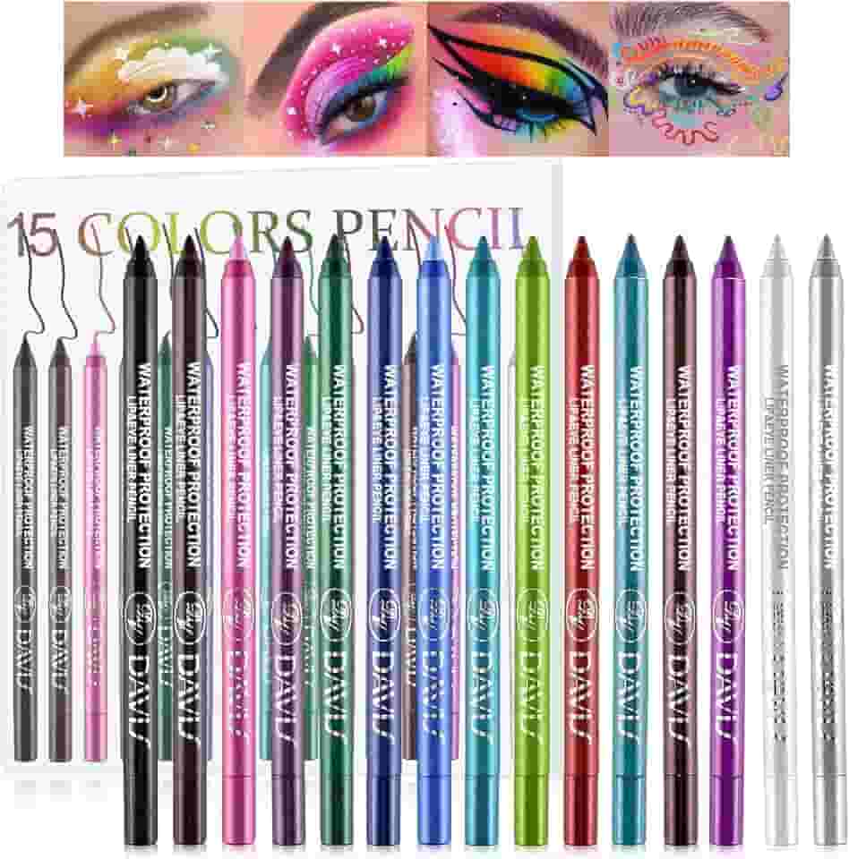 Conjunto de canetas delineadoras coloridas, lápis de sombra de olhos de 15 cores, kit de delineador de olhos de pérola com glitter metálico para mulheres, delineador de olhos e lábios
