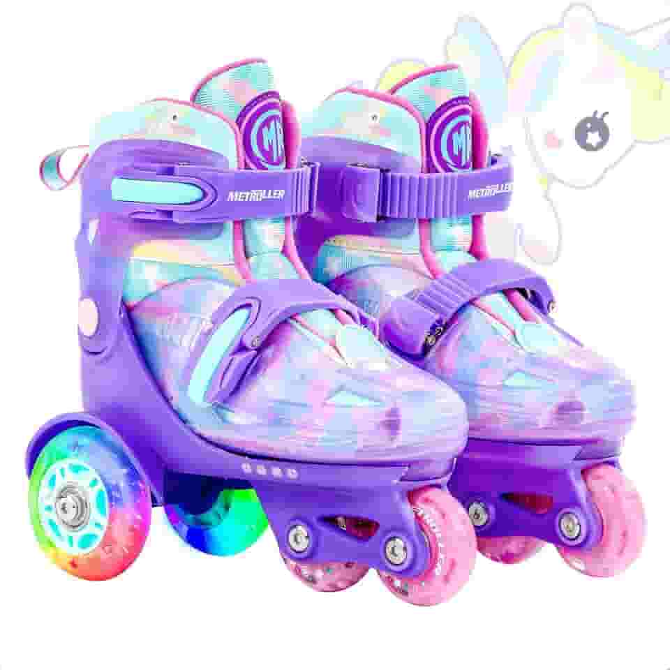 METROLLER Patins de equilíbrio infantis ajustáveis para crianças de 3 a 6 anos, patins iluminadores de unicórnio arco-íris para meninas de 5 a 8 anos, tipo de três pontas, adequado para iniciantes e