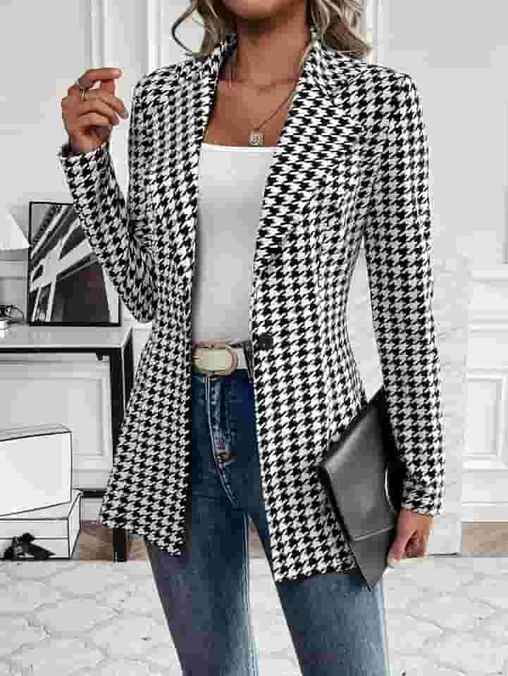 Blazers femininos Houndstooth de manga comprida com botões na frente aberta, casual, negócios, trabalho, escritório