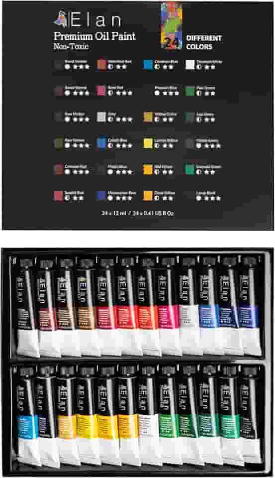 Elan Conjunto profissional de tinta a óleo, 24 mini tubos de cores vibrantes 12 ml, tintas a óleo não tóxicas para pintura em tela, tintas de arte para adultos e artistas