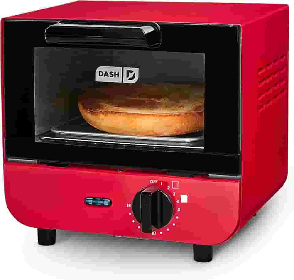 Dash DMTO100GBRD04 Mini torradeira para pão, bagels, biscoitos, pizza, paninis e mais com assadeira, rack, função de desligamento automático, vermelho