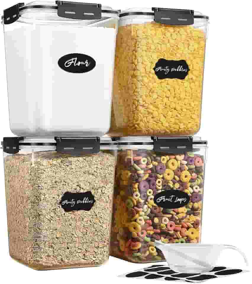 YASHE Potes Herméticos para Alimentos, 5,3L, Conjunto com 4, Recipientes de Plástico para Farinha, Açúcar, Arroz, Organização de Cozinha e Despensa