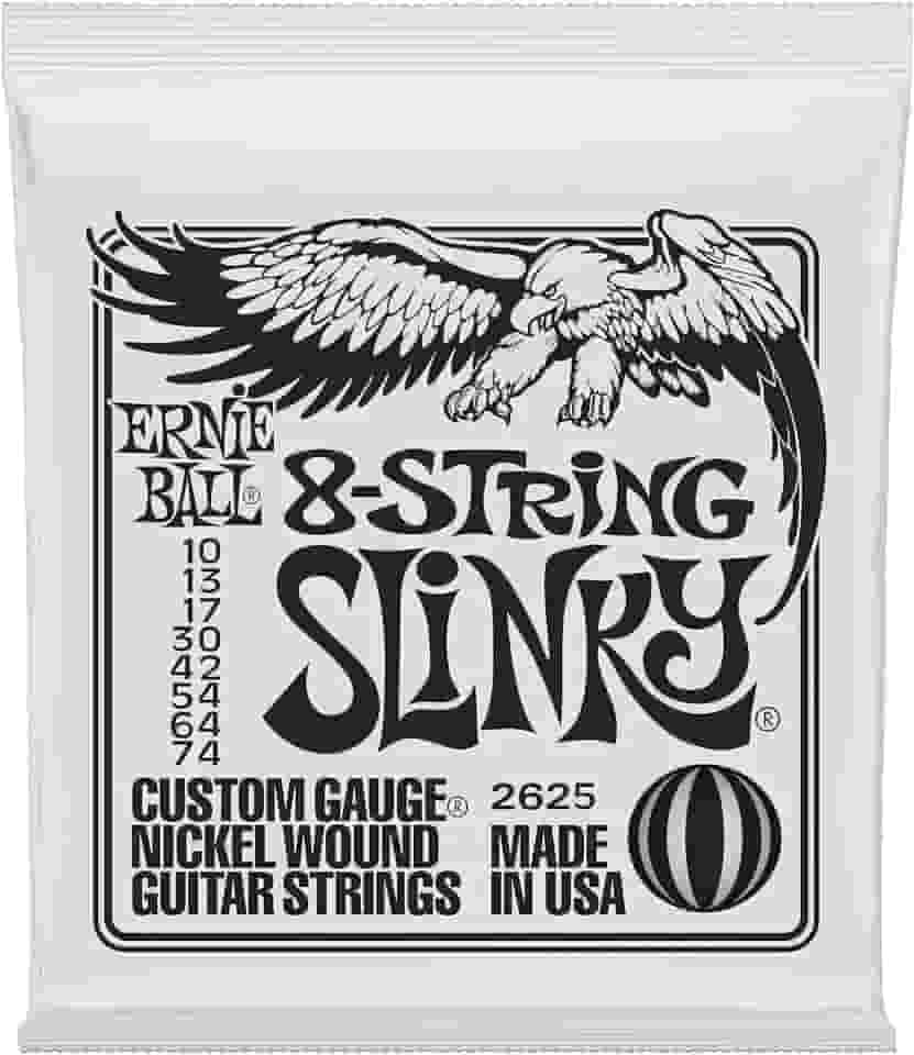 Cordas de guitarra elétrica 8 cordas Ernie Ball Skinny Top Heavy Bottom Slinky Nickel Wound P02625, calibre 10-74