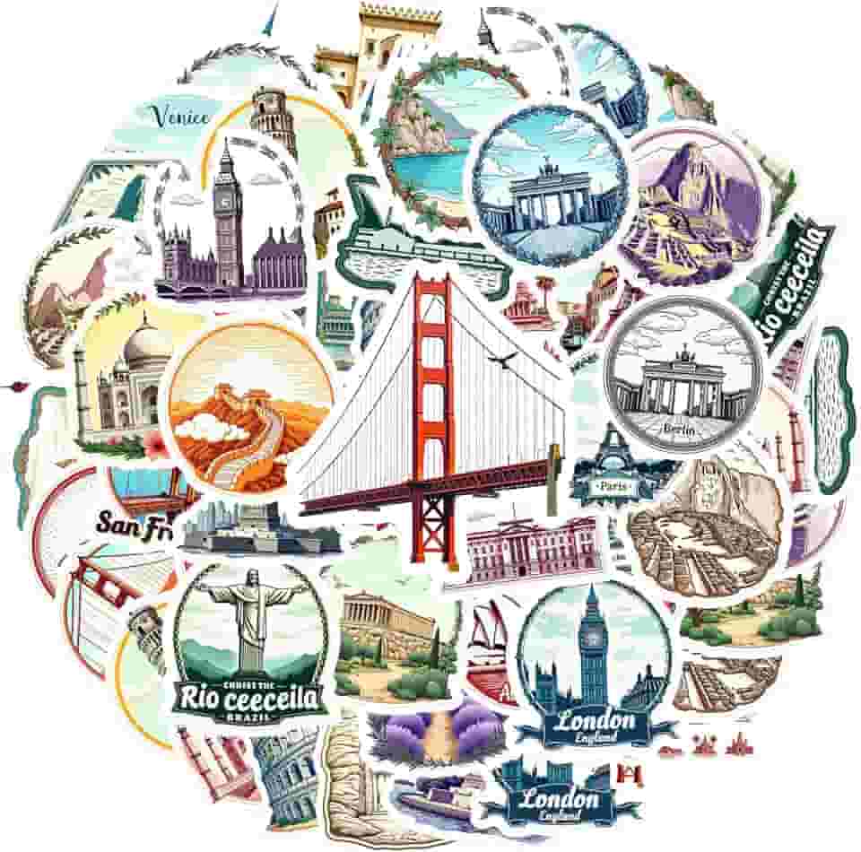 35 peças de marcos de viagem, turismo, arquitetura, marco cultural, adesivos culturais, pacote de adesivos vintage para laptop, motocicleta, bagagem, telefone, faça você mesmo, guitarra, notebook