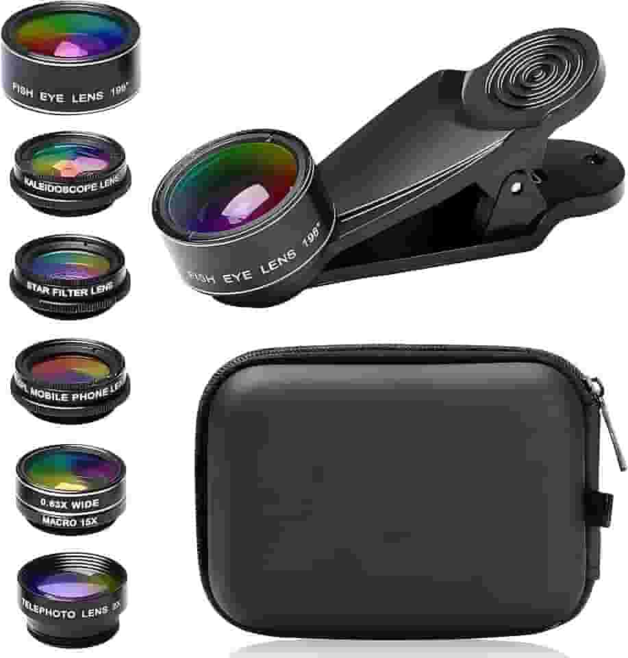 Kit de lentes de câmera de celular 7 em 1, para iPhone, para Samsung, para smartphone Android, clipe universal em grande angular + macro + lentes de câmera olho de peixe (preto)