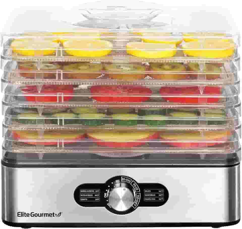 Elite Gourmet EFD3321X Desidratador de alimentos, bandejas de aço inoxidável, controles de temperatura ajustáveis, carne seca, ervas, frutas, vegetais, lanches secos, aço inoxidável