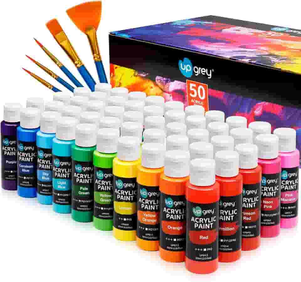 UPGREY Conjunto de tintas acrílicas de 50 cores, tintas de arte não tóxicas (2fl Oz/60 ml cada) com 5 pincéis de pintura artesanal, tintas acrílicas metálicas para crianças e adultos para artesanato