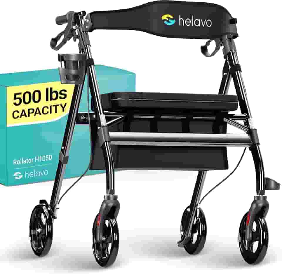 Helavo Andador Bariátrico Extra Largo para Idosos com Assento Grande Ajustável em Altura, Capacidade até 226 kg, Rodas de 8" para Todos os Terrenos, Largura Total 71 cm – Rollator Reforçado Heavy Duty