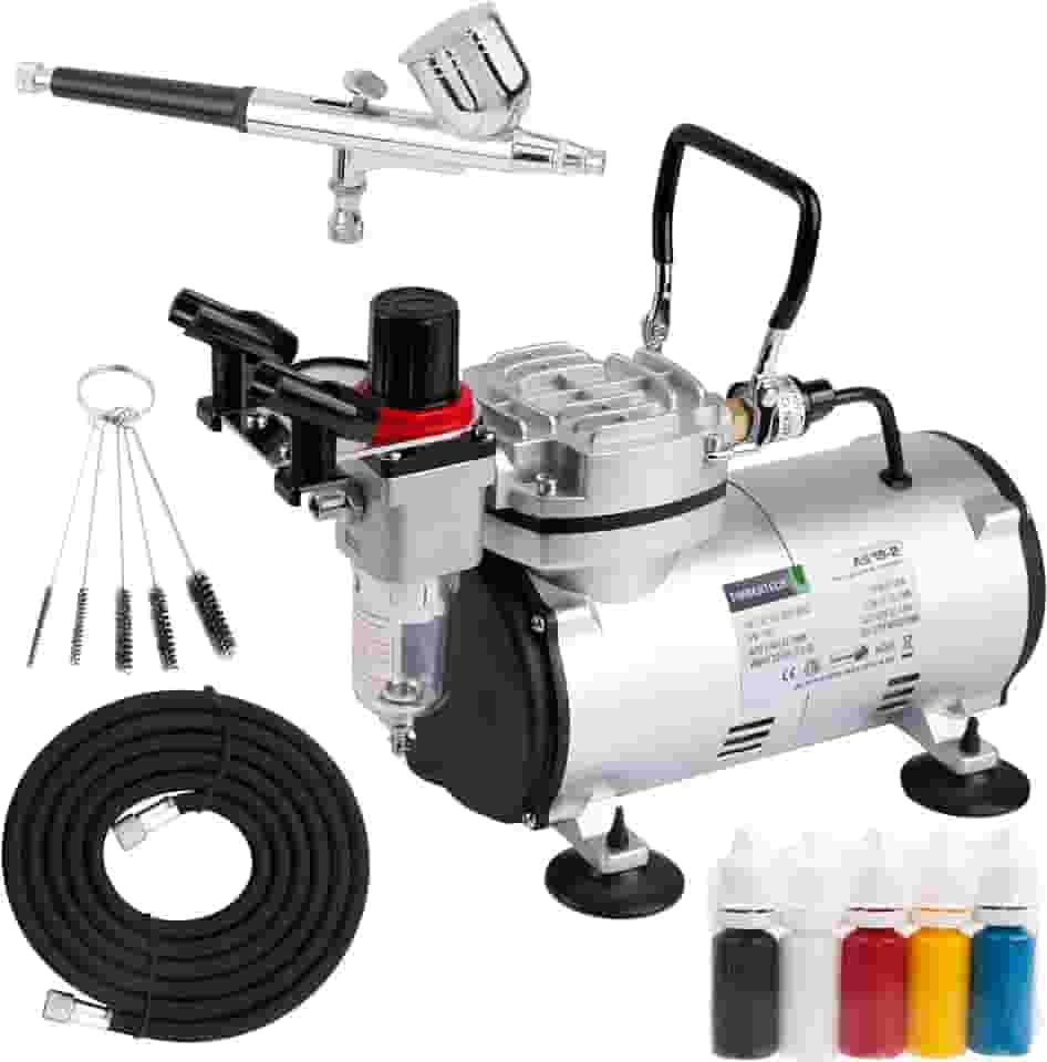 TIMBERTECH Timbertech Airbrush Kit With Compressor AS18-2K Basic Start Kit With Air Hose, Cleaning Brushes, and Test Paints for Hobby, Body Tattoo, Model painting, Automotive Graphic, Make-up