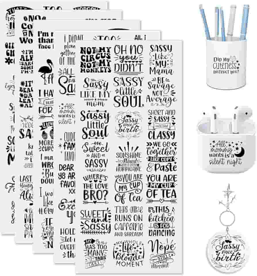 Adesivos UV DTF 105 peças, engraçado, sarcástico, vibrante, de alta viscosidade, copo de transferência para mini chaveiro, capa de telefone, notebook, marcador de livro, porta-cartões, acrílico