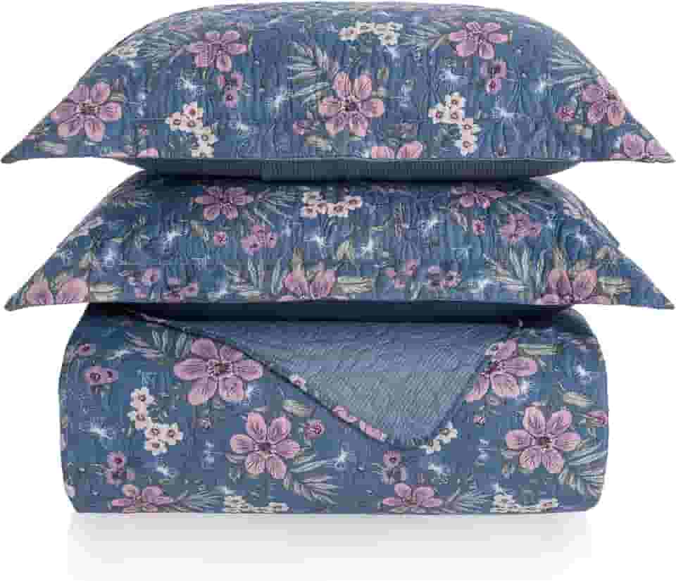 Kit Cobre Leito Colcha Boutis 3 Peças Matelado Ultrassônico Estampado Dupla Face Porta Travesseiro Aba Americana Micro Percal 150 Fios (Catarina Azul, Casal)