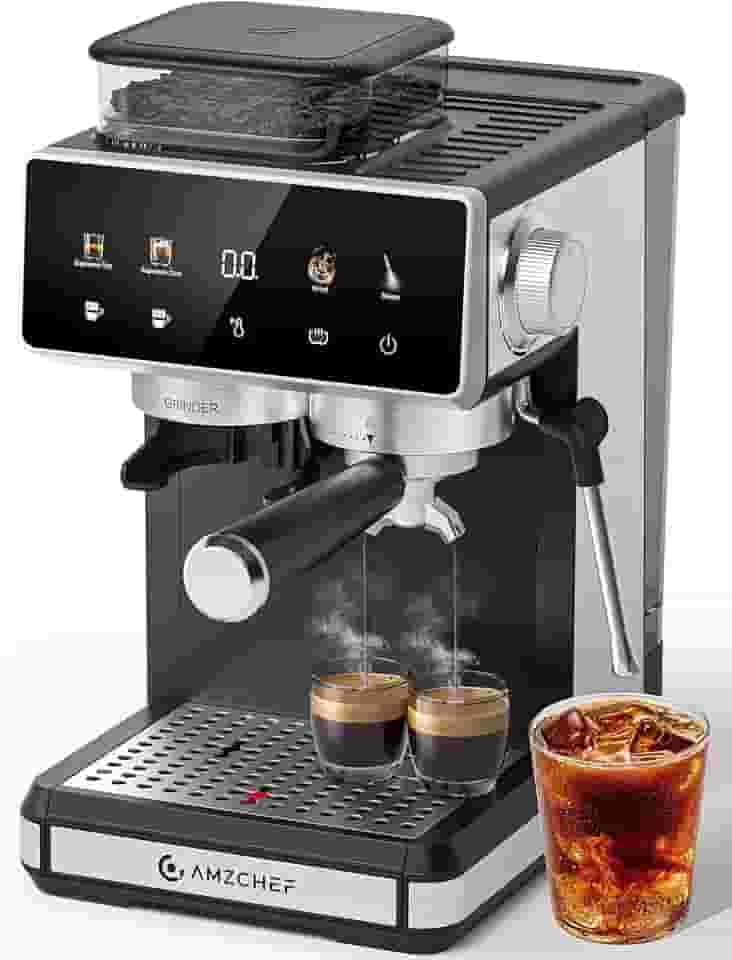 AMZCHEF Máquina de café expresso de 20 barras com moedor - máquina de café de 3 temperaturas com 20 configurações de moagem, máquina de café expresso quente/frio com espumador de leite, máquina de
