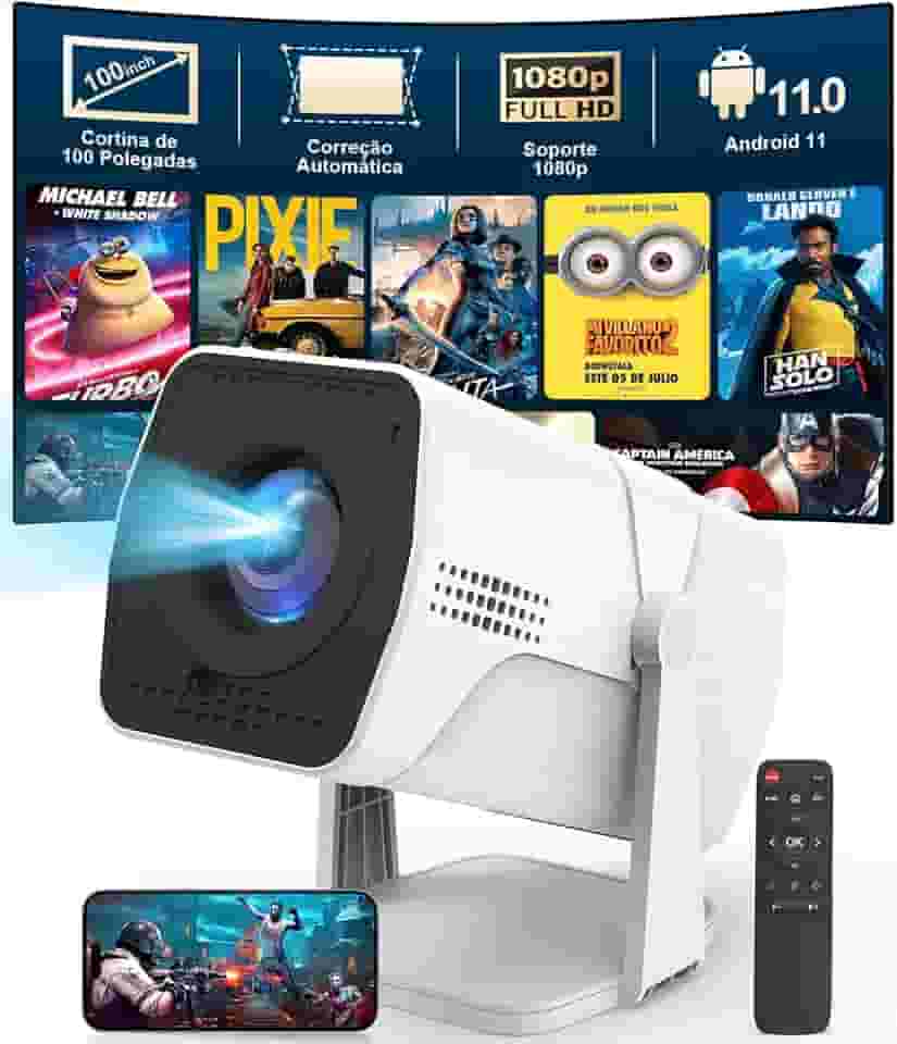 Mini Projetor Portátil 5G WiFi 6 Bluetooth Android，Suporte 4K e 1080P Full HD, 180° Giratório, Keystone Automático, Compatível com Android/iOS/HDMI/USB/Áudio, Tela de Projeção Grátis，Ideal para Casa