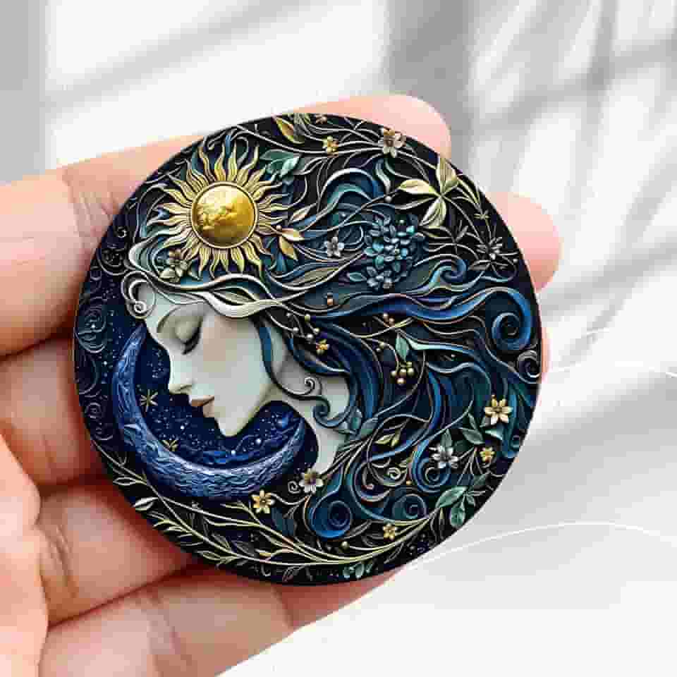 Ímã de geladeira vintage em relevo perfil feminino sol lua design de cabelo floral -5,8 cm adesivo de geladeira redondo acrílico decoração retrô presente tamanho perfeito para geladeira, armário ou