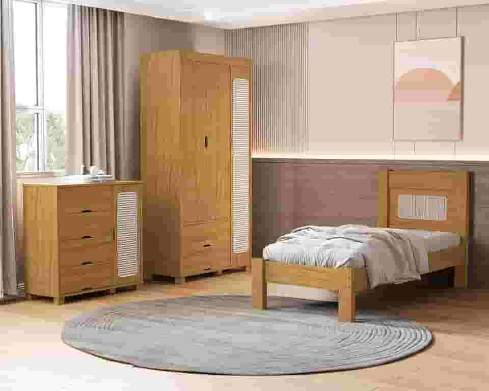Quarto Completo Solteiro Clara Com Cômoda Roupeiro e Cama. (Nature)