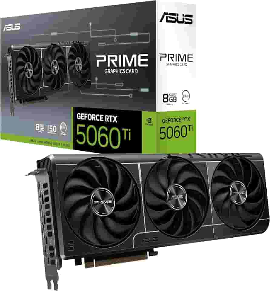 Placa de Vídeo ASUS GeForce RTX 5060 Ti Prime 8 GB GDDR7 - (90YV0MP1-M0NA00) PCI Express 5.0, Tecnologia 0dB, Ventiladores Axiais, 2602 MHz, 4 Saídas de Vídeo, DLSS 4