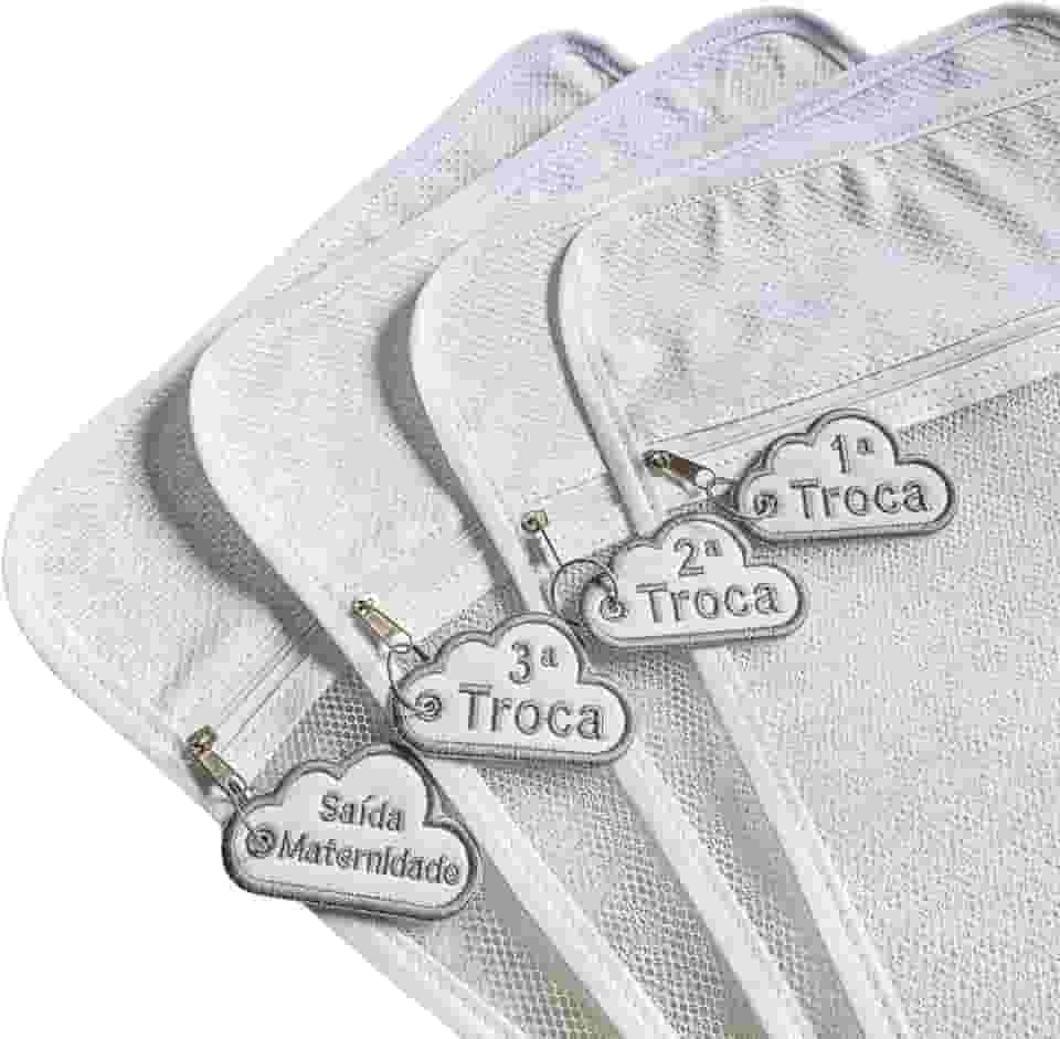 Kit com 4 Saquinhos Organizadores para Bolsa Maternidade, Tule Super Grosso, Tags Unissex, Cinza, com Chaveiro Bordado e Zíper