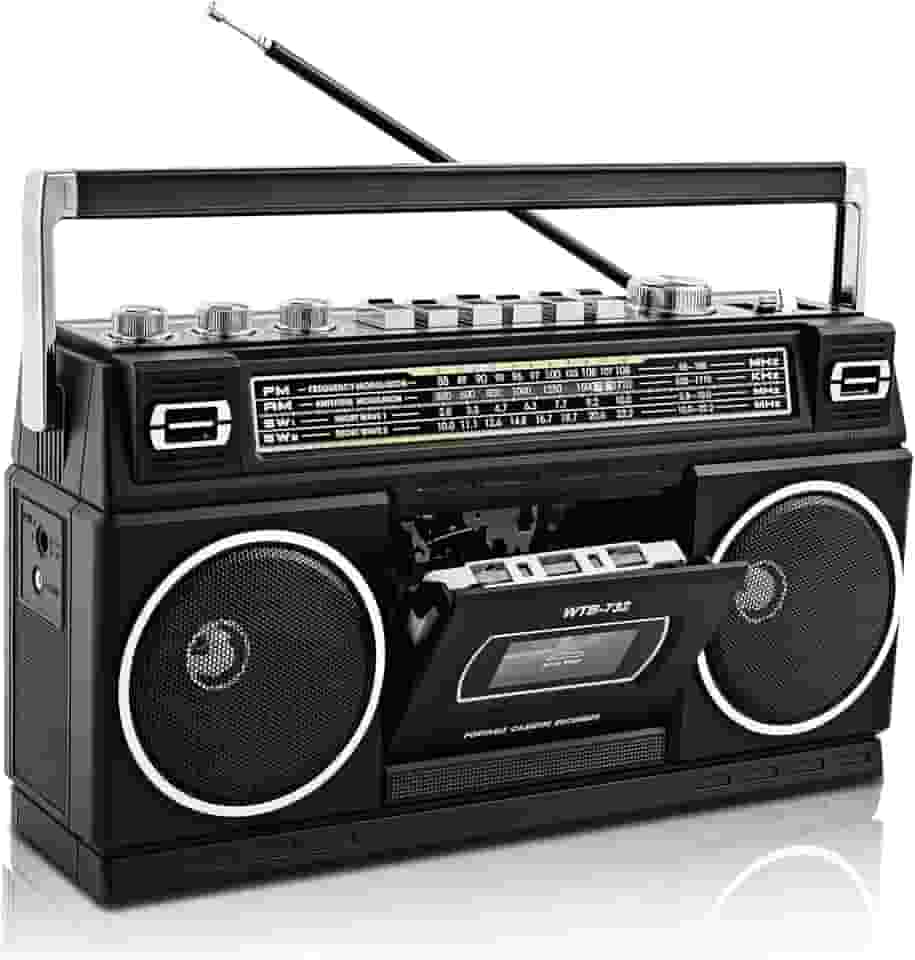 WISCENT Boombox vintage clássico dos anos 80, leitor de cassete com Bluetooth, rádio AM/FM/SW, alto-falantes estéreo de 24 W, compartimentos para cartão USB/SD, conector de fone de ouvido, preto