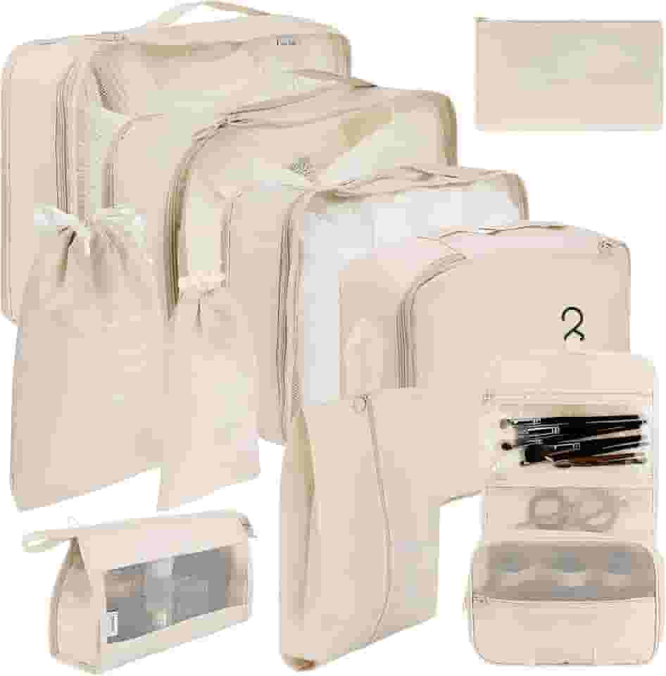 KIT 10 Necessaire Feminina Organizador de Malas para Viagem: Kit Completo de Organização - Inclui Bolsa Organizadora-Organizadores de Bagagem para Viagem-VANOVA (BEGE)