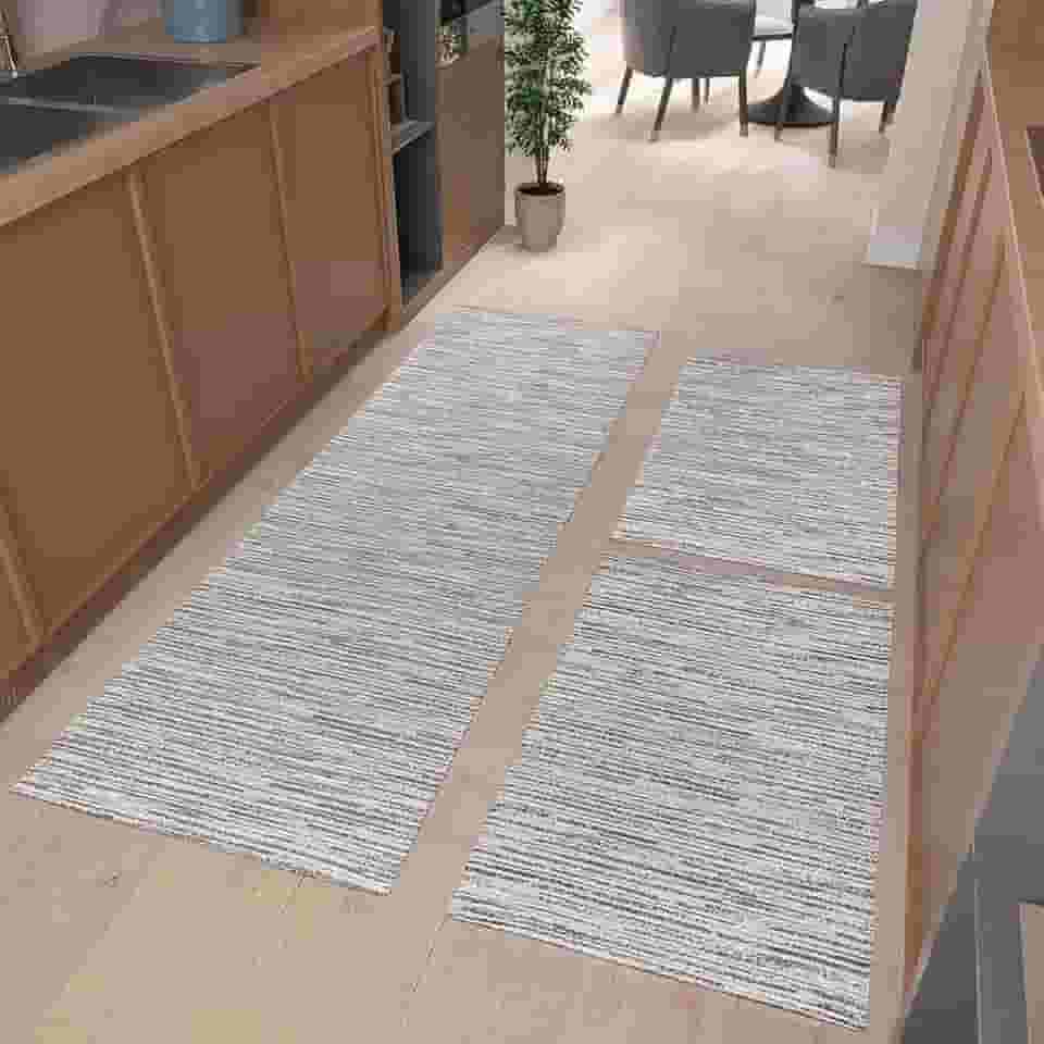 Kit Tapete de Cozinha 3 peças com Passadeira e Tapetes Antiderrapantes (Mesclado Cinza Claro)