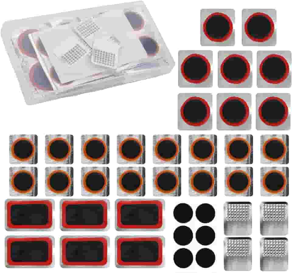 Kit de reparo de pneu de bicicleta, 30 peças de remendos de pneu Kit de reparo de perfuração de pneu de bicicleta com 6 peças de adesivos de perfuração sem cola e raspas de metal para reparo de pneu