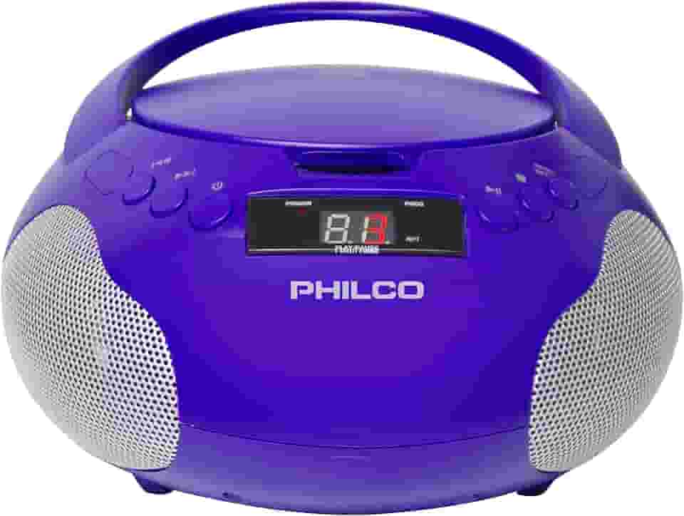 Philco Boombox Leitor de Cd Portátil com Alto-Falantes e Rádio Am Fm | Leitor de Cd Purple Boom Box Compatível com Cd-R/Cd-Rw e Cd de Áudio | Entrada Auxiliar de 3,5 Mm | Som Estéreo | Visor LED | Ac/