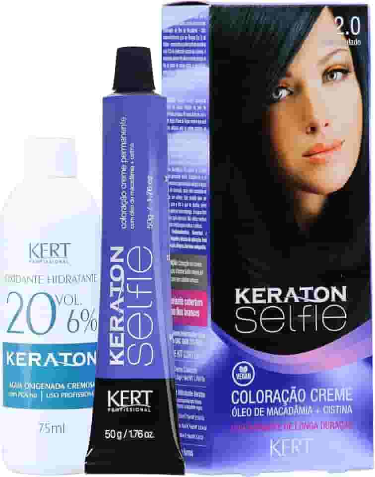 Coloração permanente em creme para cabelos, Com cistina e óleo de macadâmia, Selfie, 50g, Keraton, Nº 2.0 Preto Azulado