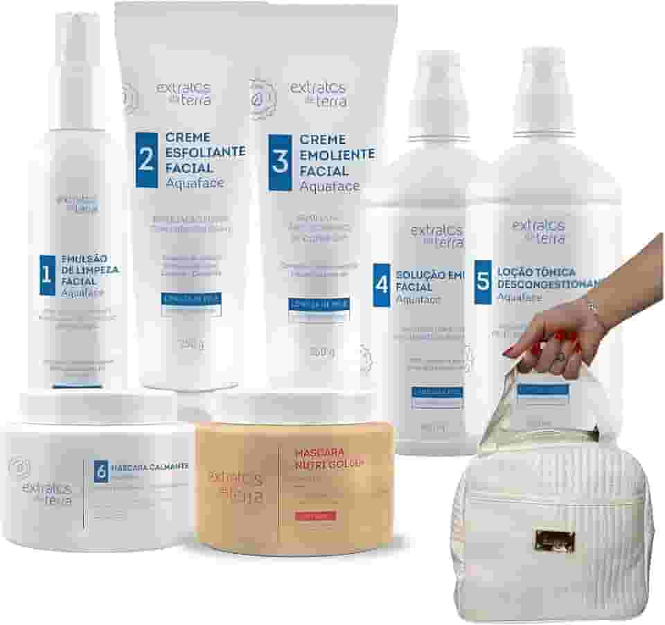 Kit Completo para Limpeza de Pele Aquaface Extratos da Terra - Emulsão, Esfoliante, Emoliente, Tônico e Máscaras - Uso Profissional