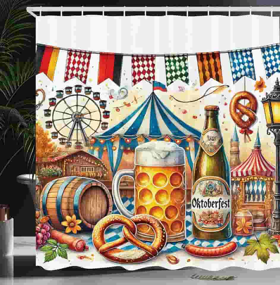Lunarable Cortina de chuveiro Oktoberfest, cena festiva de itens clássicos da Baviera Folk Alemão Tenda de Cerveja Frankfurter, Conjunto de Decoração de Banheiro de Tecido de Tecido com Ganchos, 175