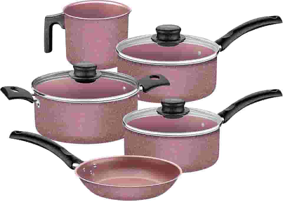 Jogo de Panelas Tramontina Turim em Aluminio com Revestimento Interno e Externo em Antiaderente Starflon Max Rosa 05 Peças