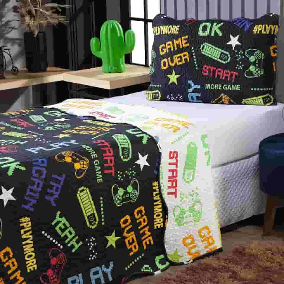 Colcha Dupla Face Estampada Solteiro – Kit Cobre Leito com 2 Peças, Colorido, Confortável e Fácil de Lavar (Solteiro, Game)