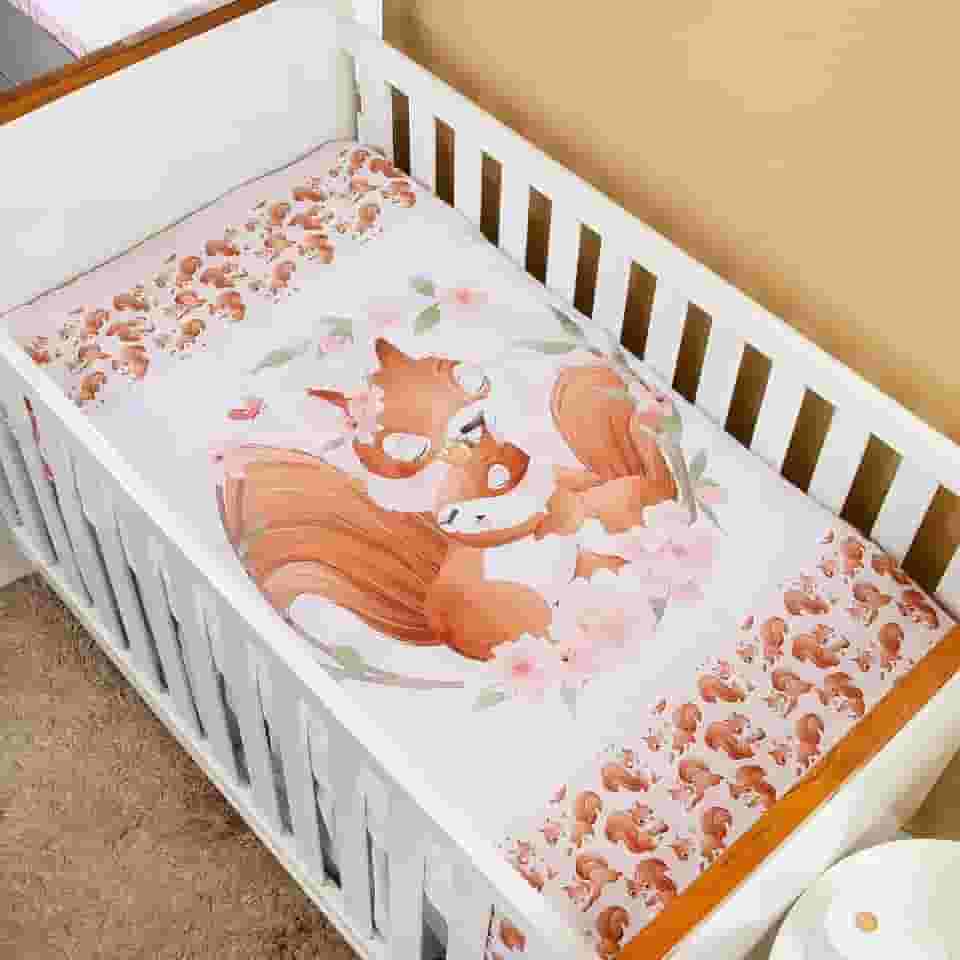 Edredom Infantil para Berço, Estampa Esquilo Rosa e Flores, 145 cm