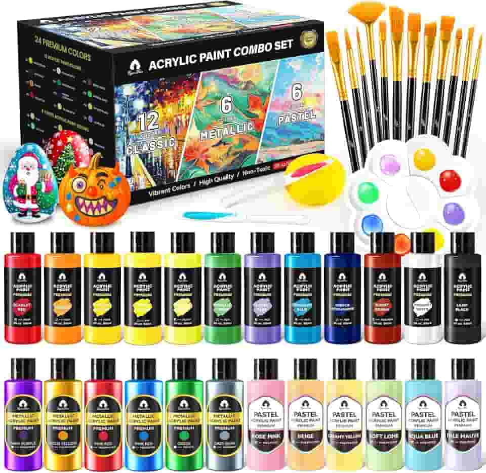 Conjunto de 40 peças de tinta acrílica clássica, metálica e pastel com 12 pincéis, 2 facas e paleta, 24 cores (60 ml) - para adultos, crianças, artistas e iniciantes - Kit de pintura de artes e