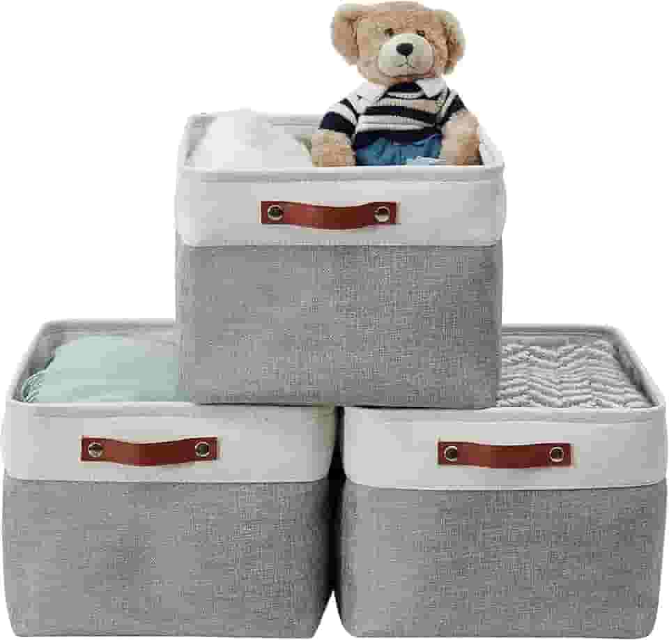 Caixa Cesto Organizador de Tecido Linho Dobrável Cinza com Alça Couro Ecológico (45x35x25cm)
