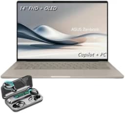 ASUS Notebook Zenbook A14 ultrafino, tela FHD de 14 polegadas + OLED (1920 x 1200), Copilot + PC, Snapdragon X Plus, 8 núcleos, RAM DDR5 de 16 GB, SSD de 512 GB, Zabriskie Beige, TWE fones de ouvido