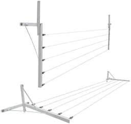 Varal de parede/muro dobrável, fabricado em 100% alumínio com mão francesa em aço, 5 cordas para estender roupas. Cor Branco, resistente e prático, ideal para otimizar espaço em áreas externas.