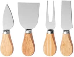 Kit Para Queijo 4 Peças em Aço Inox com Cabo de Bambu – Faca, Garfo e Espátulas para Cortar e Servir Queijos Frescos, Moles e Duros – Conjunto Gourmet para Vinhos, Petiscos e Tábuas de Frios