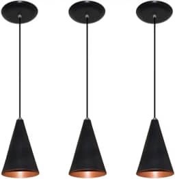 Kit 03 pendentes de aluminio modelo cone - ideal para balcao cozinha americana, bancada (Preto com Cobre)