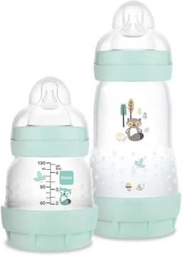 MAM Baby Kit 2 Mamadeiras Easy Start Starter Set Anticólica e Menos Bolhas de Ar, para Crianças 0+ Meses Autoesterilizável e com Bico de Silicone Skinsoft, Verde