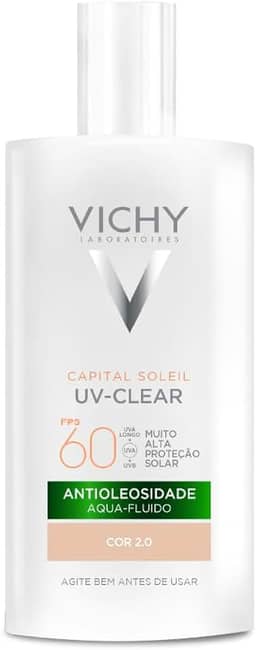 Vichy Capital Soleil UV-Clear Protetor Solar Facial Antioleosidade e Antiacne, Toque Seco FPS 60, com Niacinamida e Ácido Salicílico, Acabamento Invisível, Cor 2.0, 40g