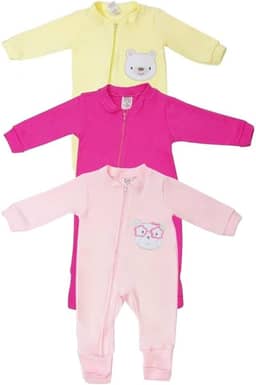 Macacao Bebe Kit 3 Peças Com Ziper Bordado e Liso Roupa Menina 100% Algodão