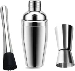 Kit para Drinks e Coquetéis com Coqueteleira, Socador e Medidor - Conjunto de Aço Inoxidável Profissional e Uso Doméstico
