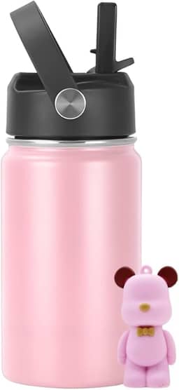 Garrafa Térmica Infantil Inox 350ml com Canudo, Alça e Antivazamento | Acompanha Chaveiro 3D (Rosa)
