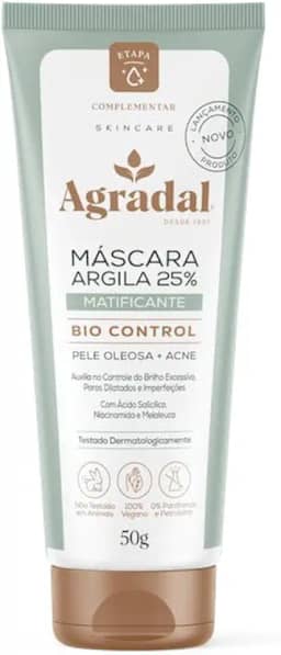 Agradal Máscara Facial de Argila 25%, Matificante Bio Control para Pele Oleosa e Acne, 50g