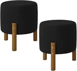 Kit 2 Puff Redondo Luxo Decorativo Charme com Pés de madeira suede preto