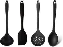 Kit Utensílios de Silicone Premium Completo - Colher de Arroz, Concha, Escumadeira e Espátula Pão Duro (Preto)