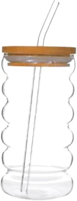Copo de Vidro Borossilicato com Tampa de Bambu e Canudo – Design Ondulado CLOUD, Sustentável e Reutilizável - 450ml